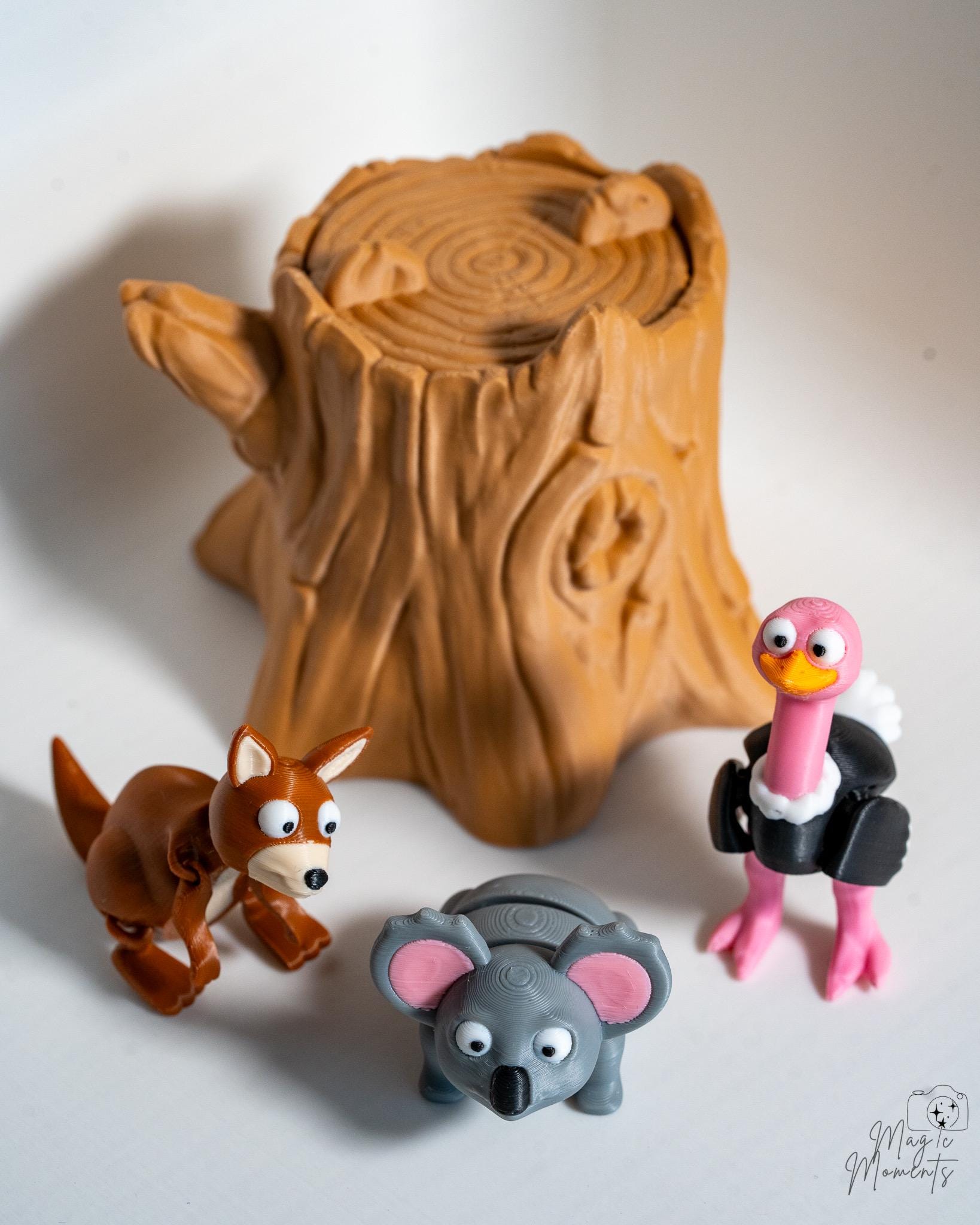 australian animals with tree stump 3d printed decor set