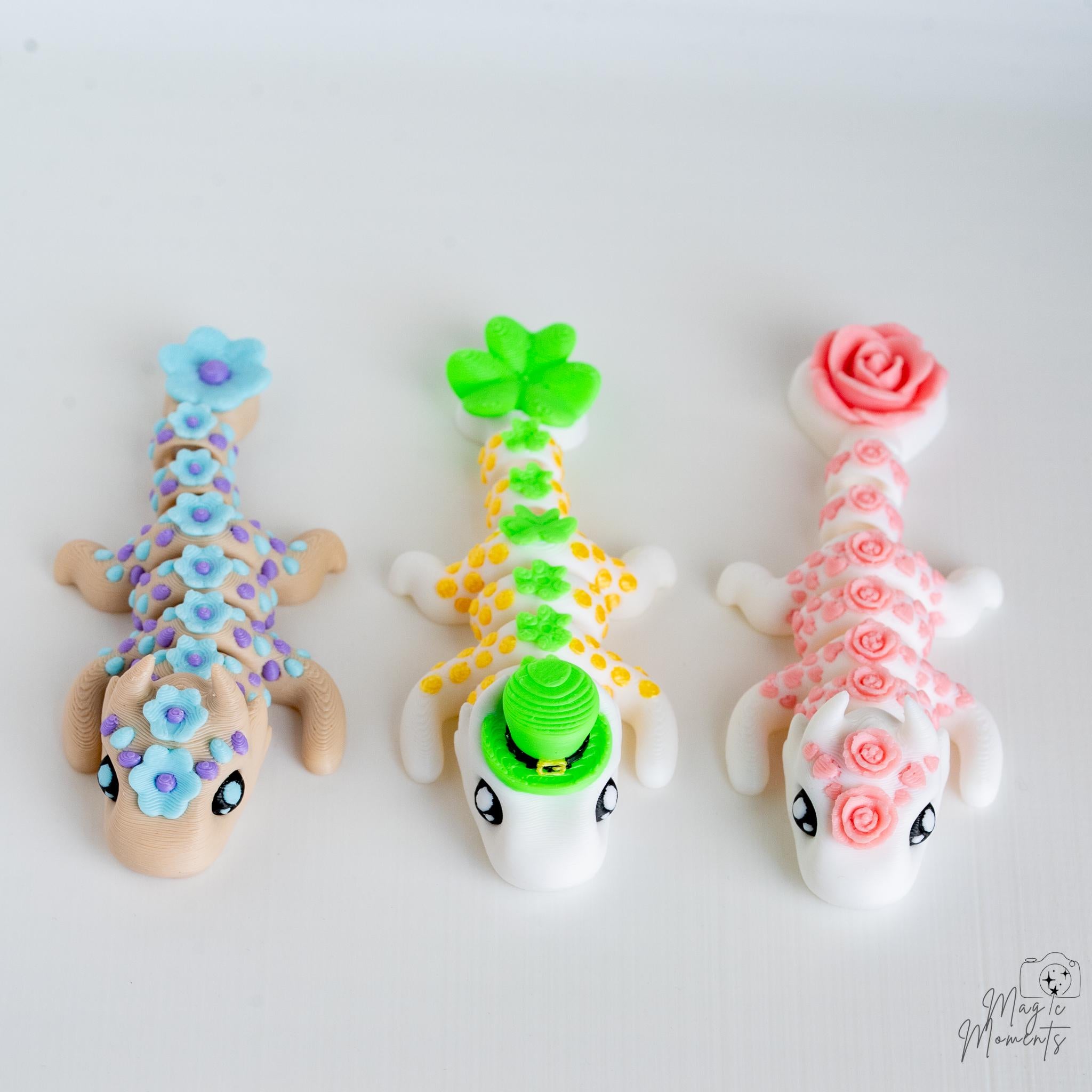 cute floral dragon figurine set 3d printed articulated fantasy dragons