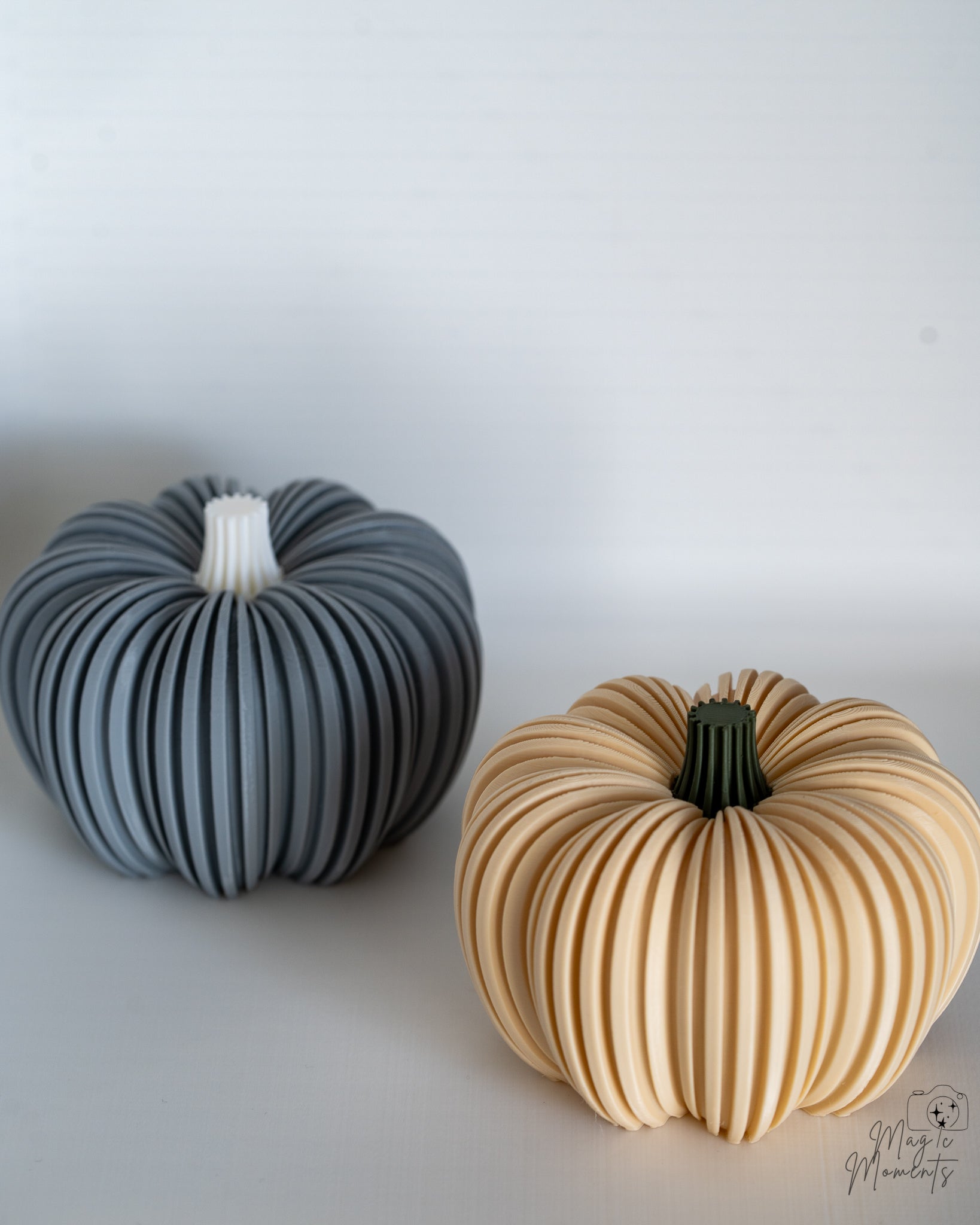 grey and cream ribbed pumpkin decor