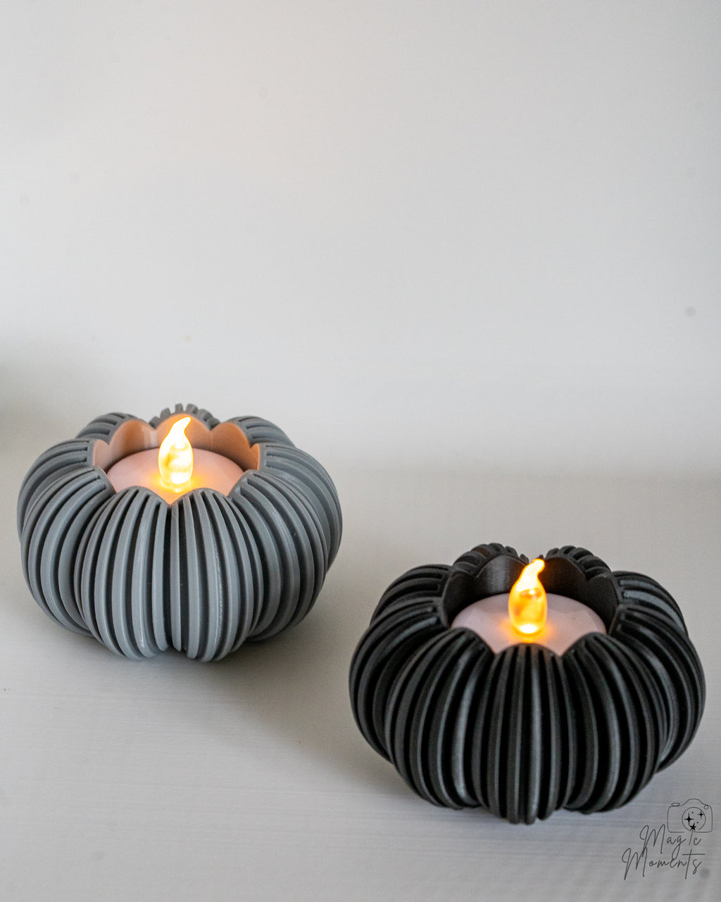 Grey and black pumpkin candle holders with LED tealights
