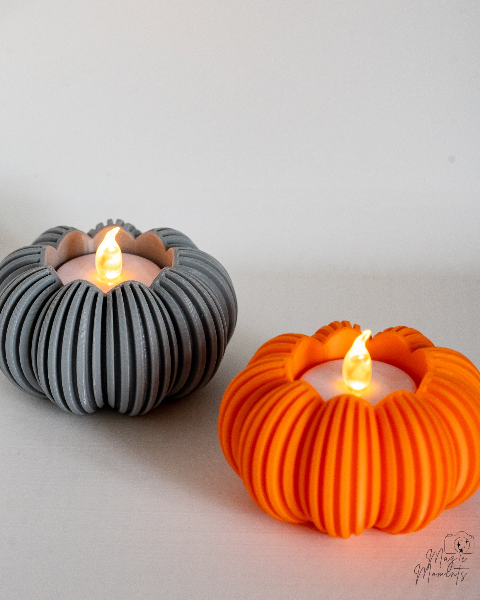 Grey and orange pumpkin candle holders
