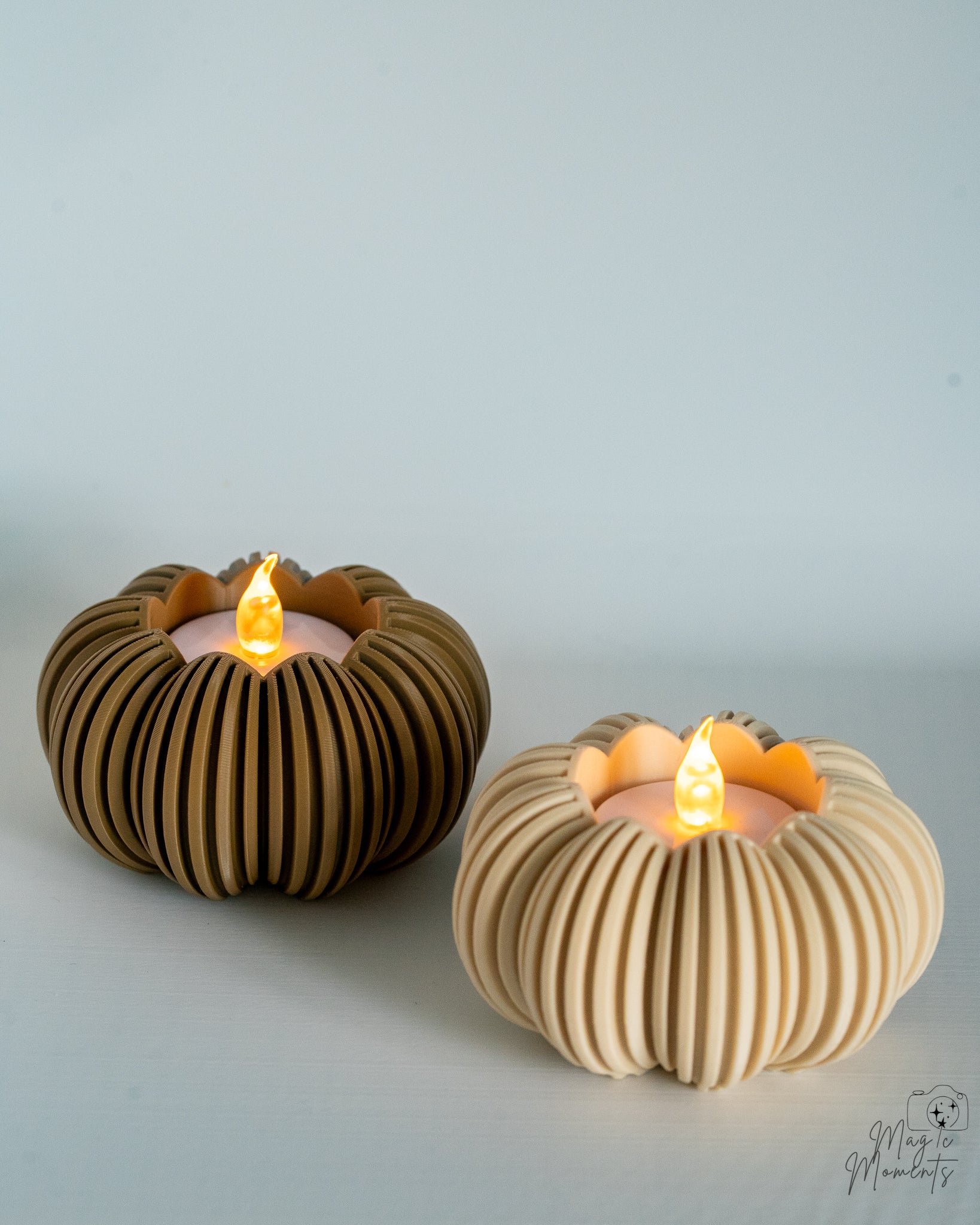 Brown and beige pumpkin candle holders
