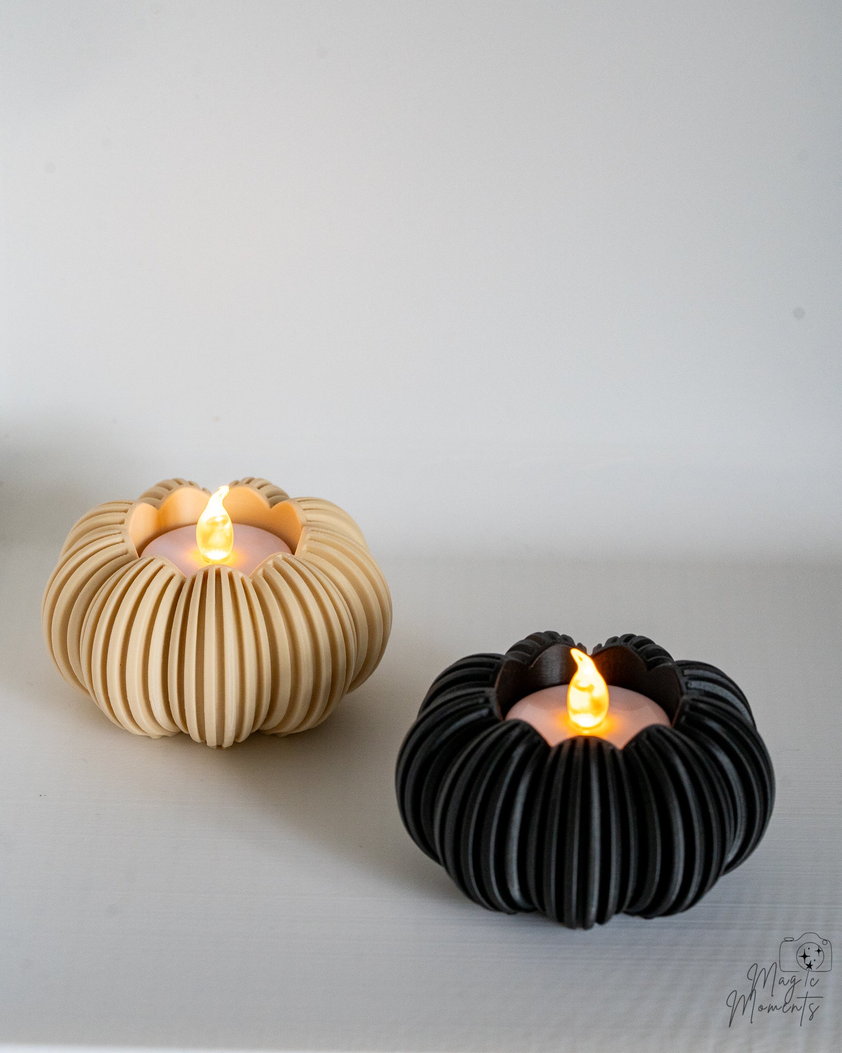 Beige and black pumpkin tealight holder set