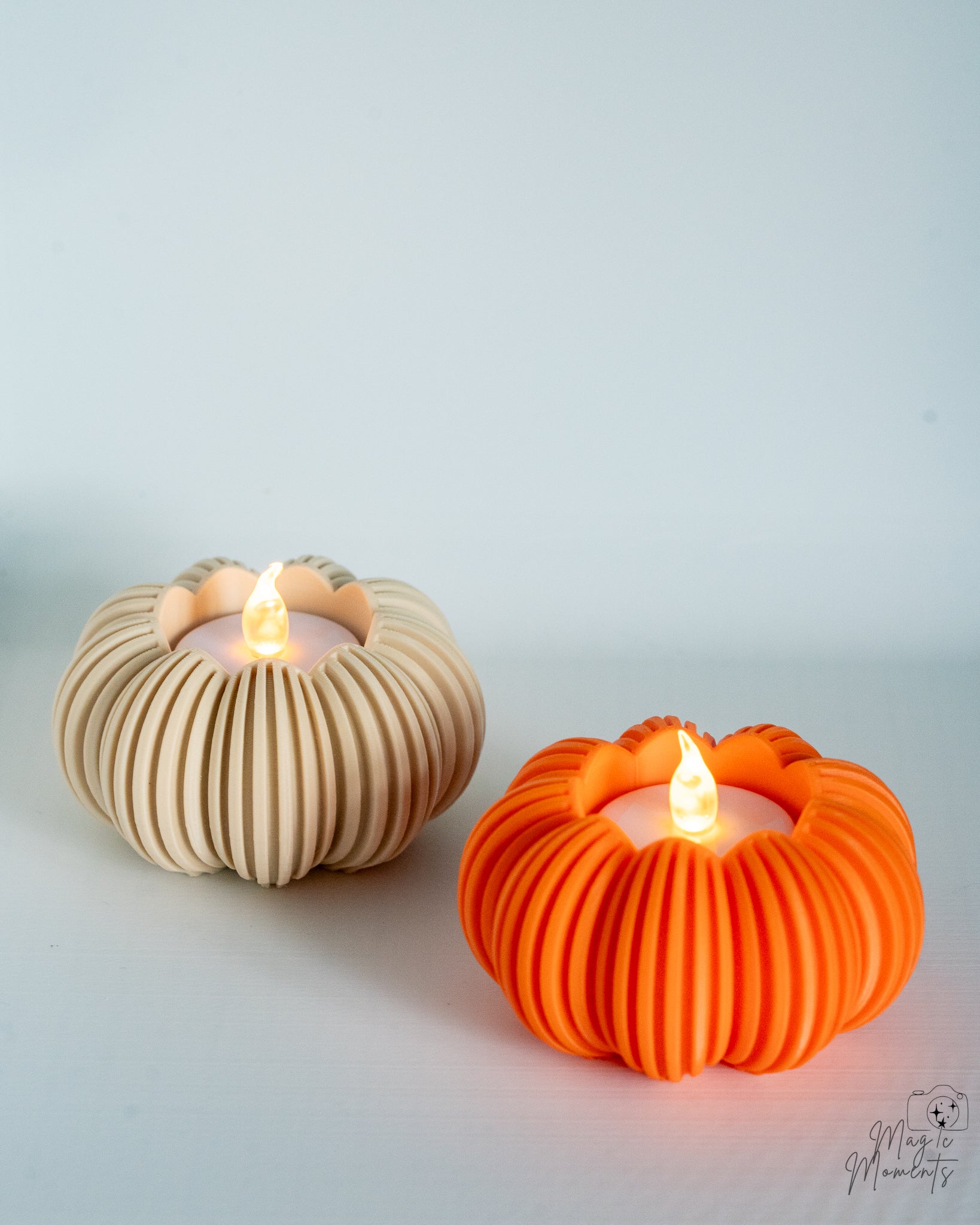 Ribbed pumpkin candle holders with LED tealights