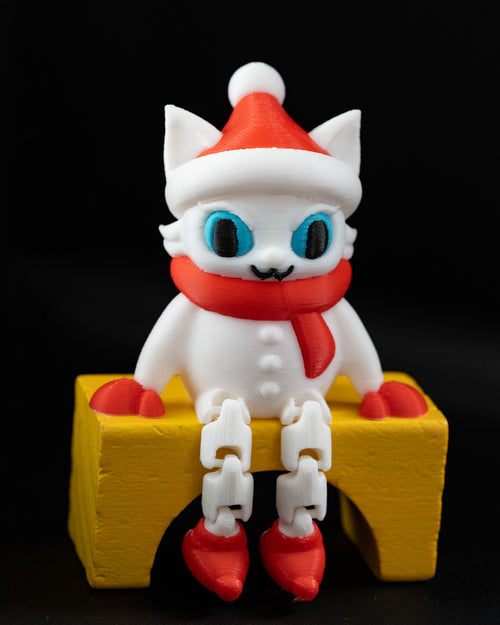 White Christmas cat shelf sitter with scarf and Santa hat