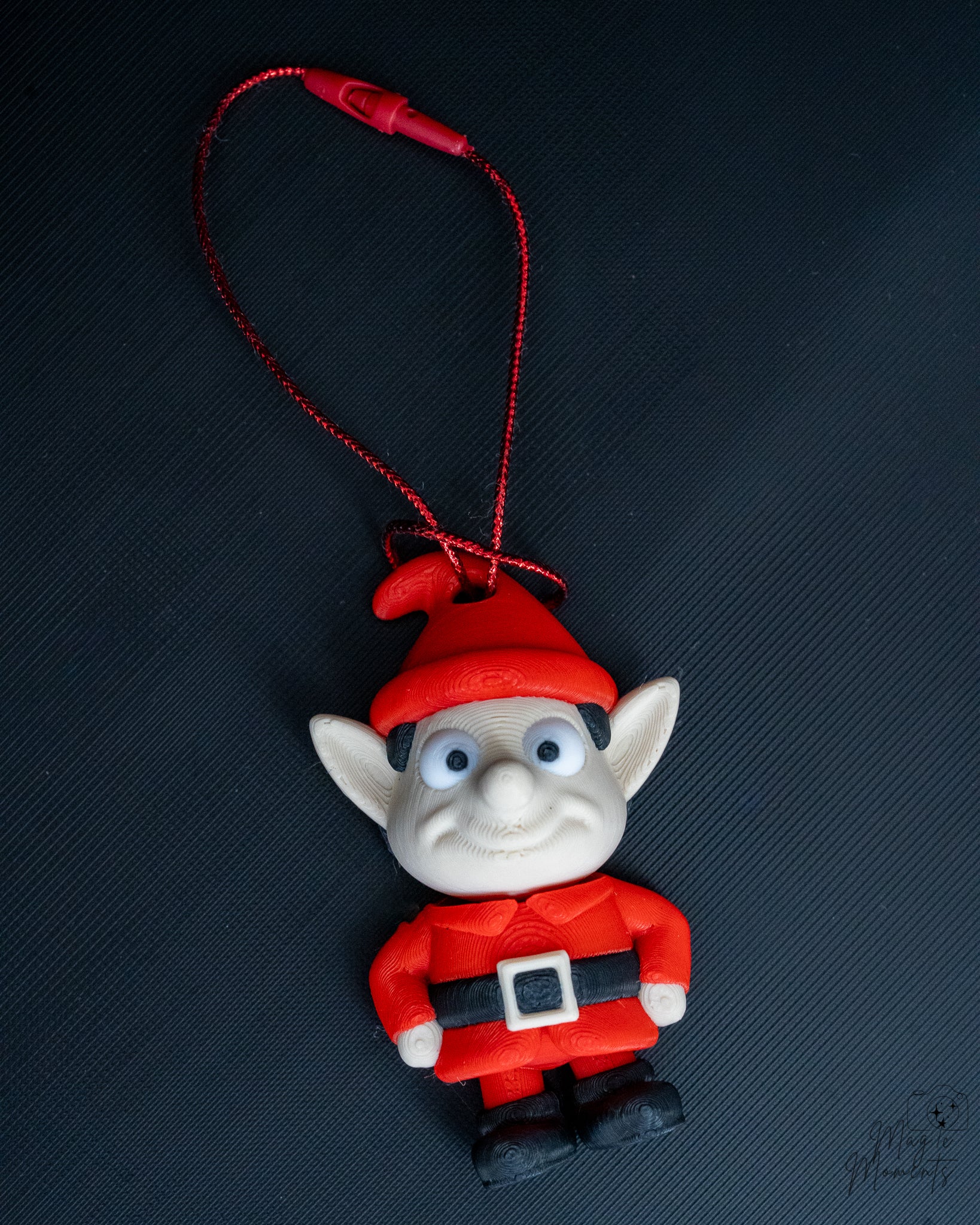 Santa elf ornament with red outfit and hanging loop