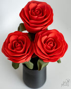 Three red roses in a black vase on a white background