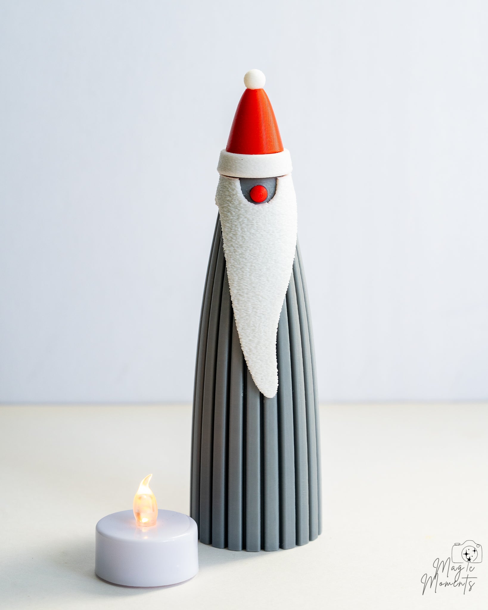 Grey Santa decoration with LED tealight candle display