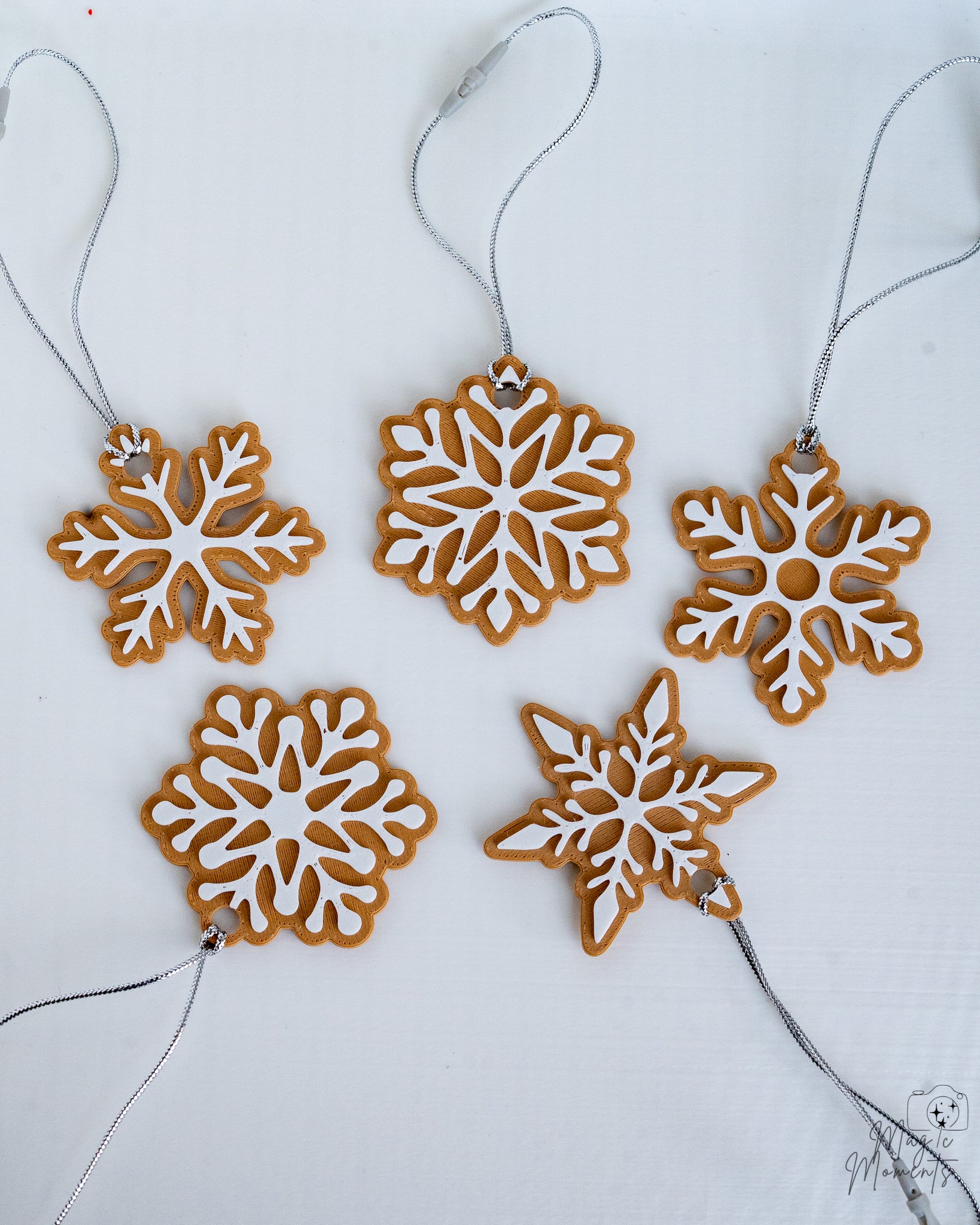 Snowflake Christmas ornaments with silver hanging loops