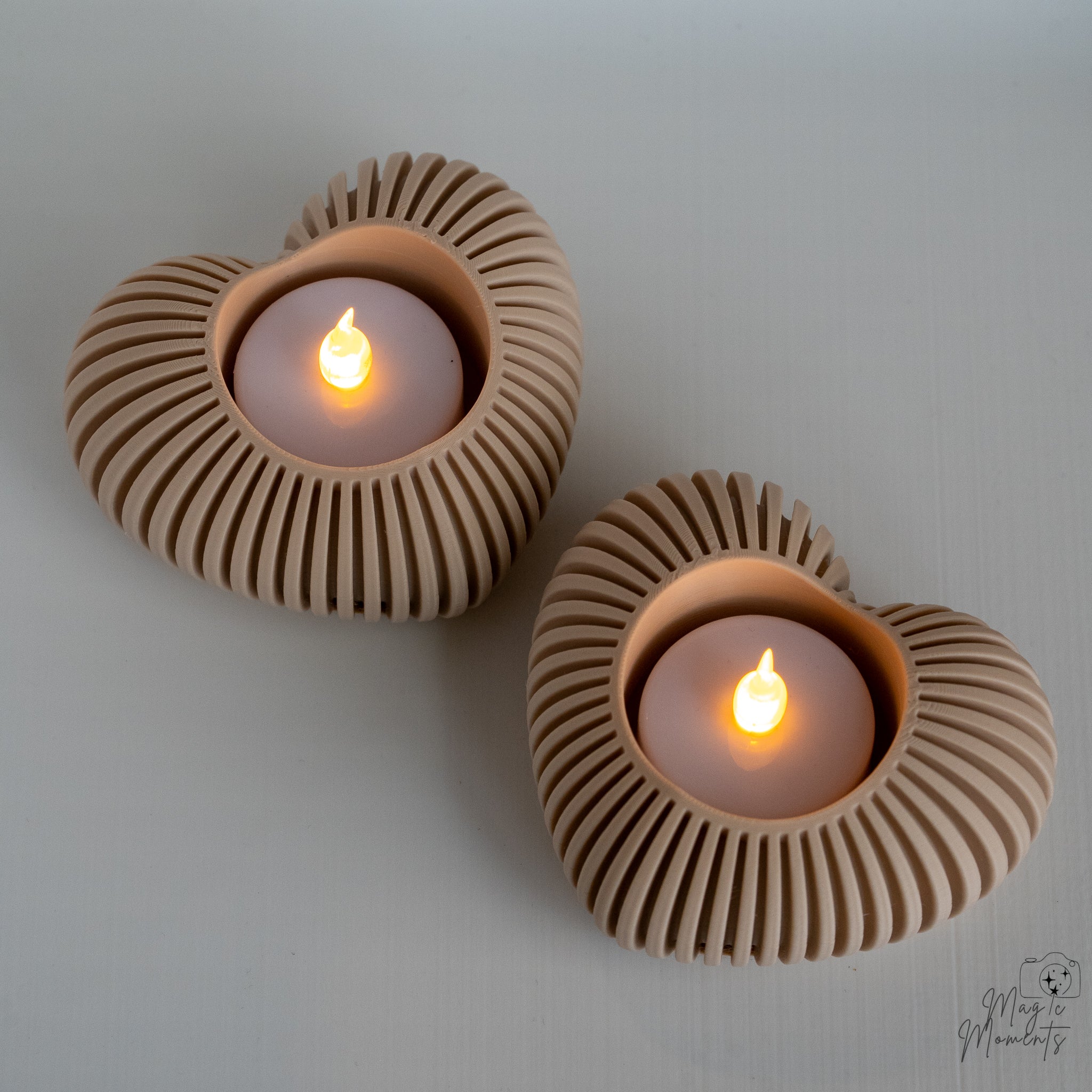Beige heart candle holder with soft ribbed texture