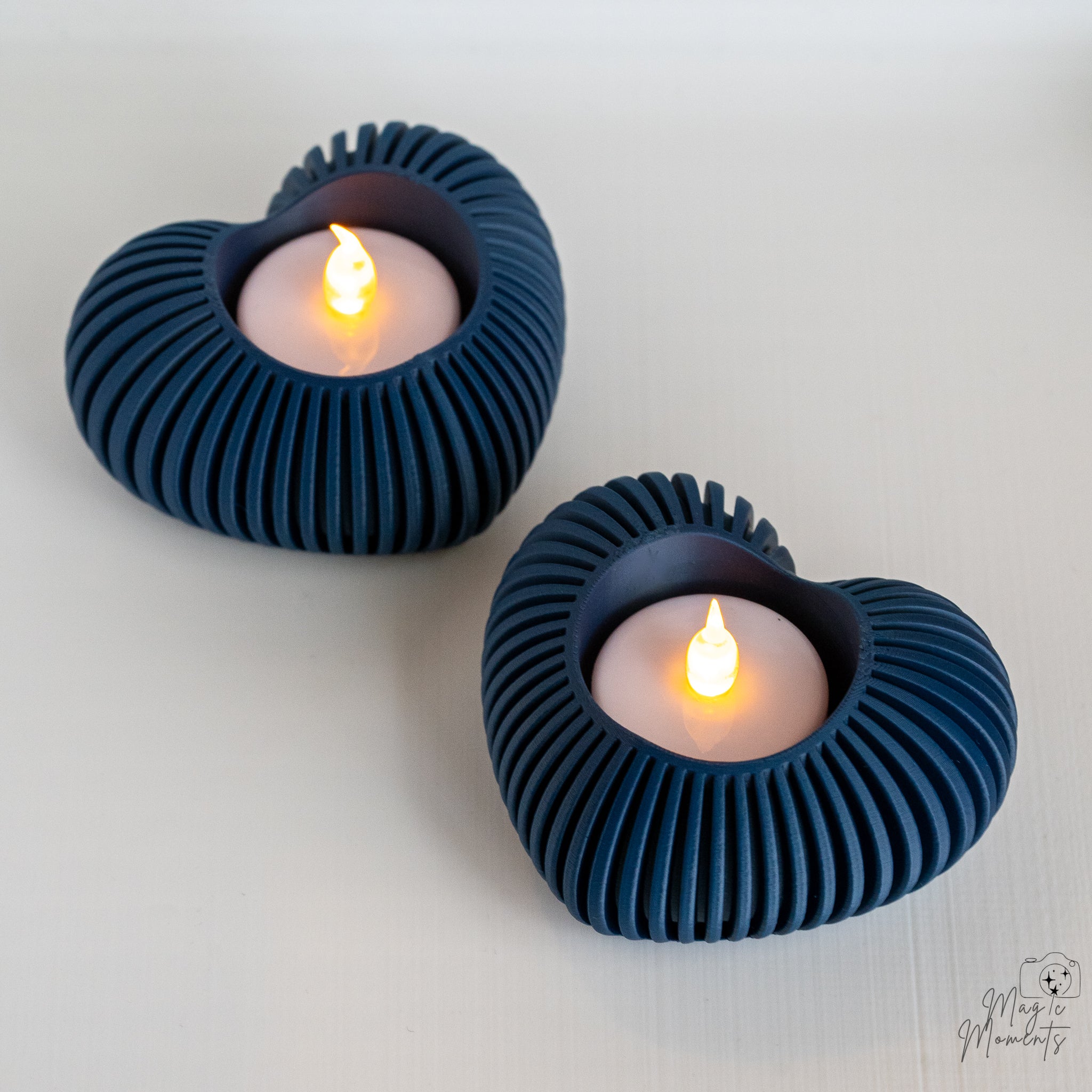 Blue heart tealight holder pair with LED candles