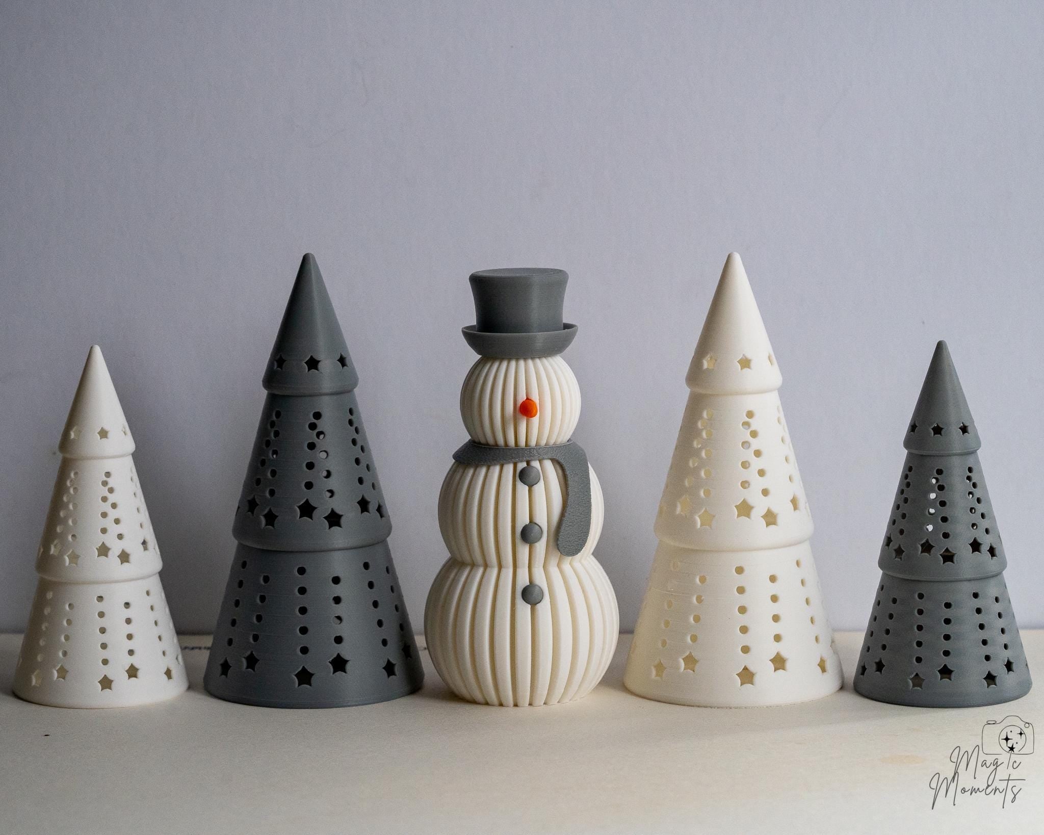 Grey Christmas decoration set with ribbed snowman and cutout trees