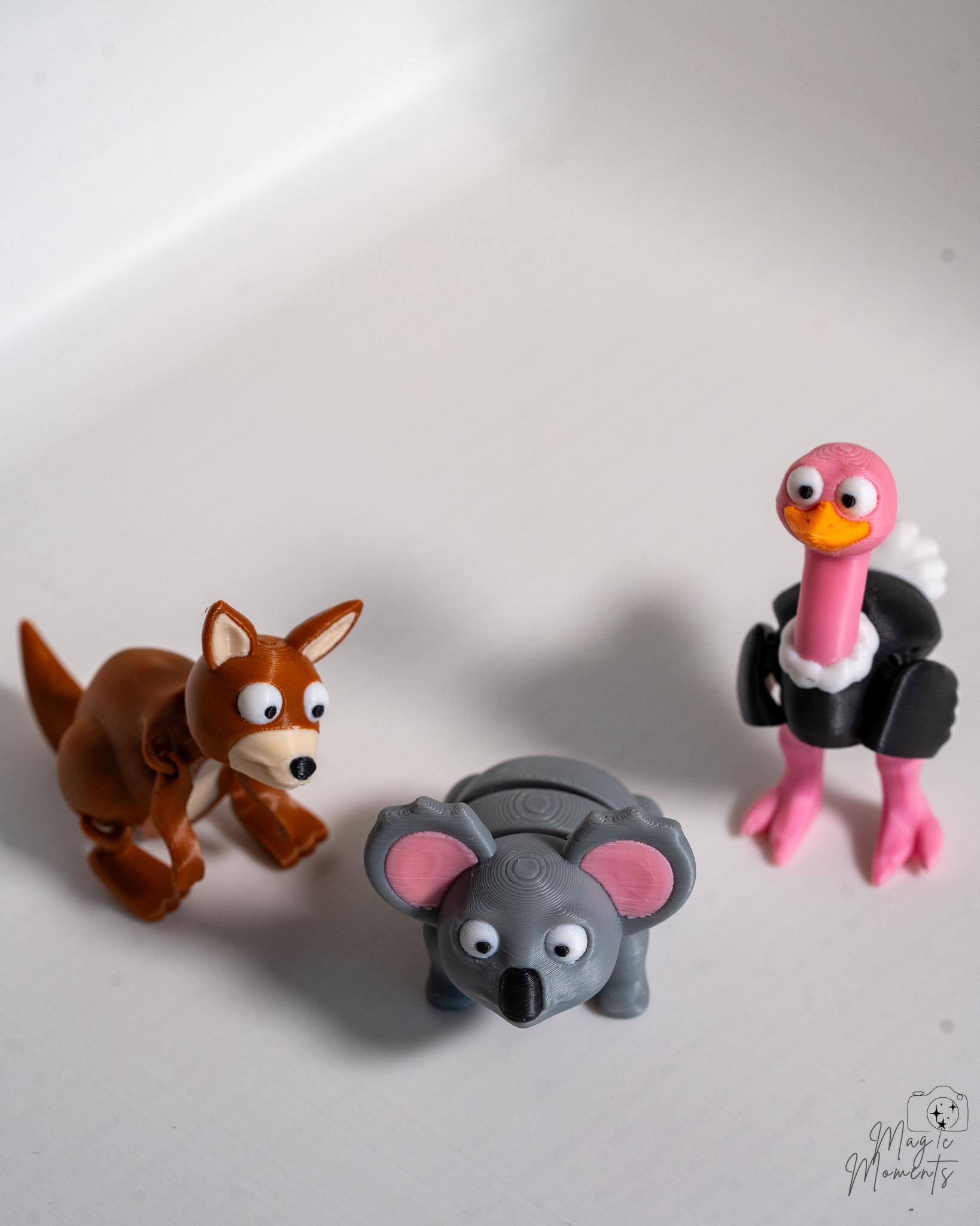 australian animal collection 3d printed kangaroo kola and ostrich figurines