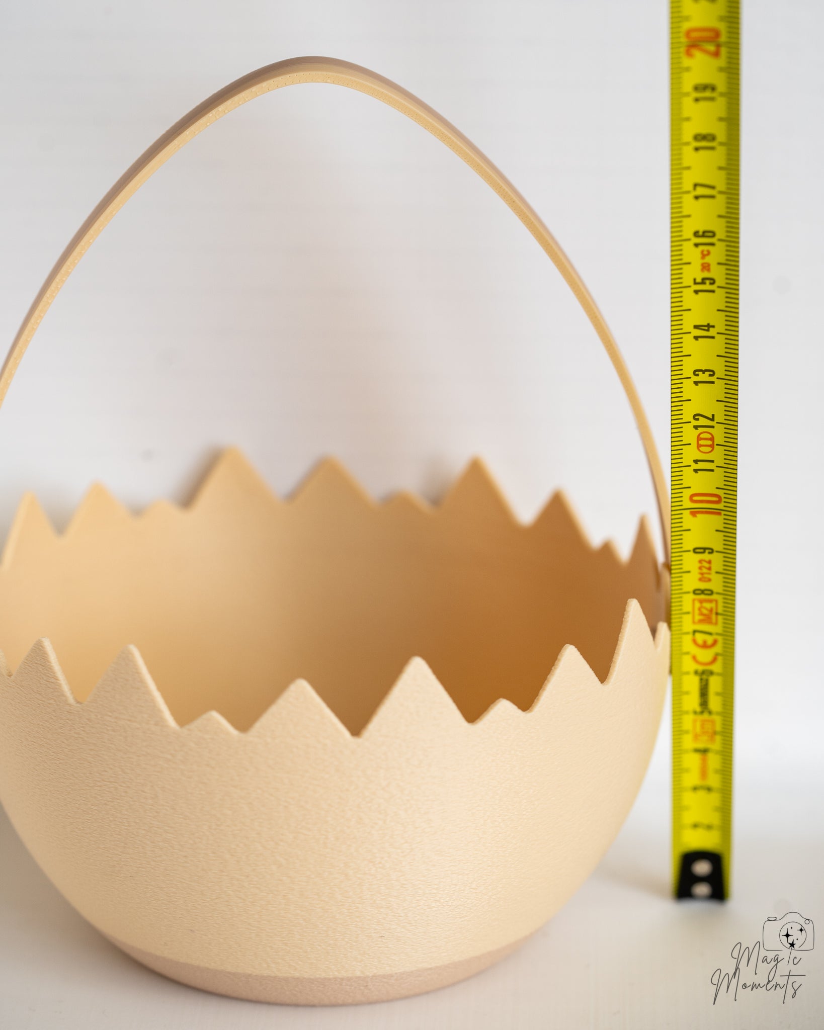 Egg basket next to measuring tape for scale