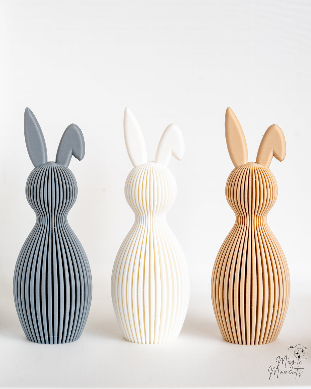 Modern ribbed bunny decor figures in grey white and beige