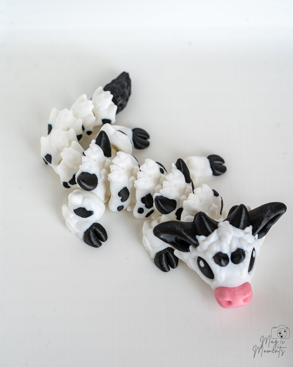 Articulated 3D printed Cow Dragon in black and white cow pattern decorative fantasy dragon 