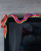 Flexible rainbow snake draped over monitor edge
