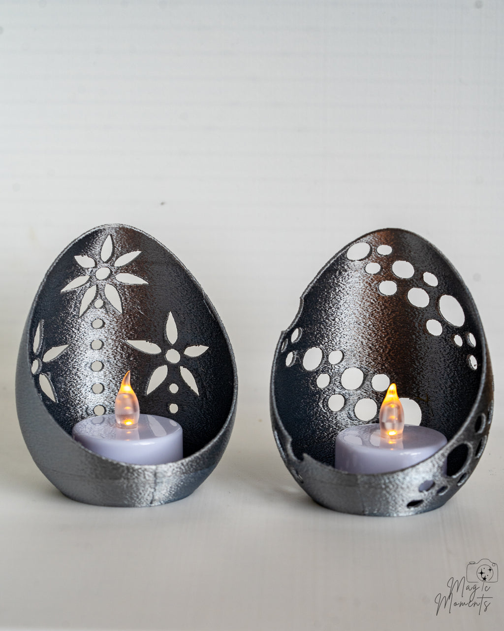 Silver Easter egg tealight holders with LED candles