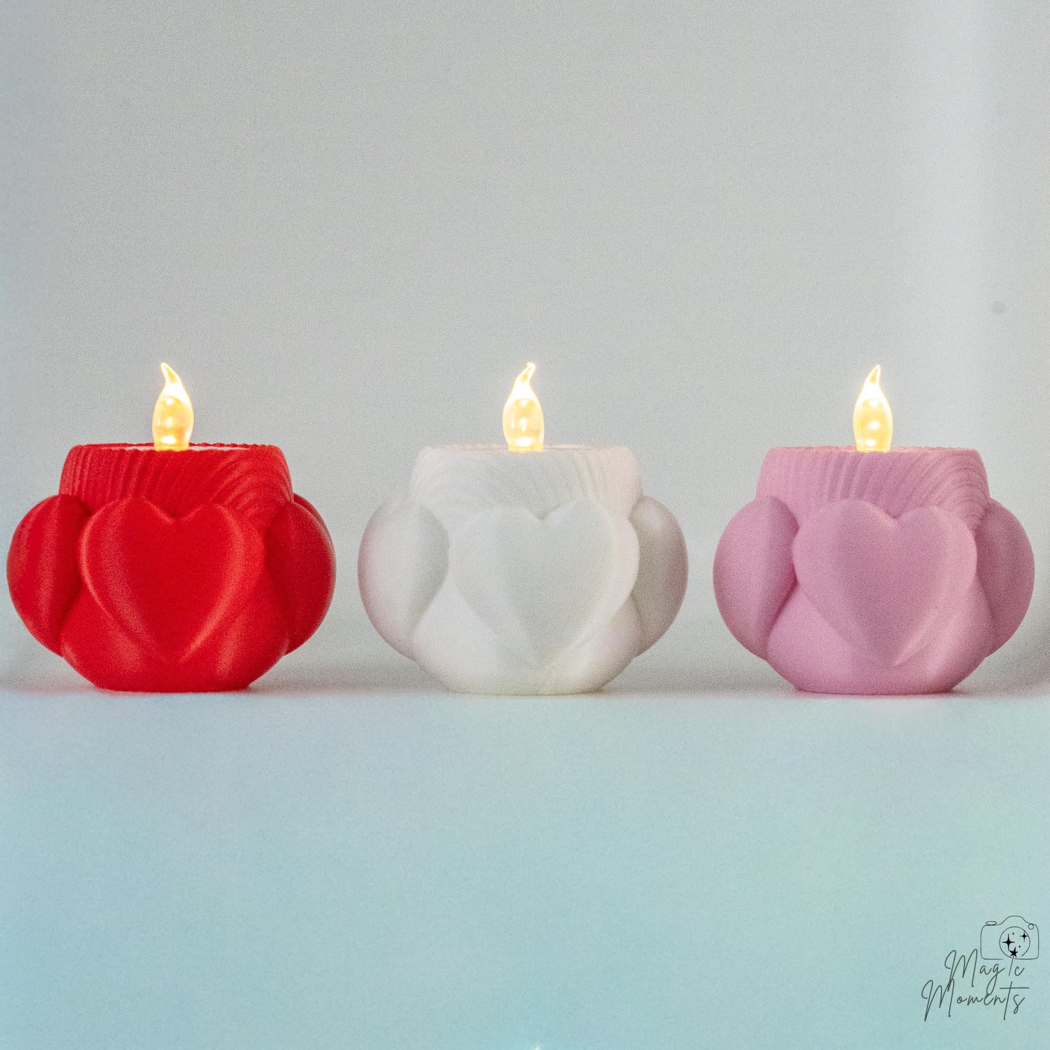 Valentine tealight holder collection with red white and pink heart designs