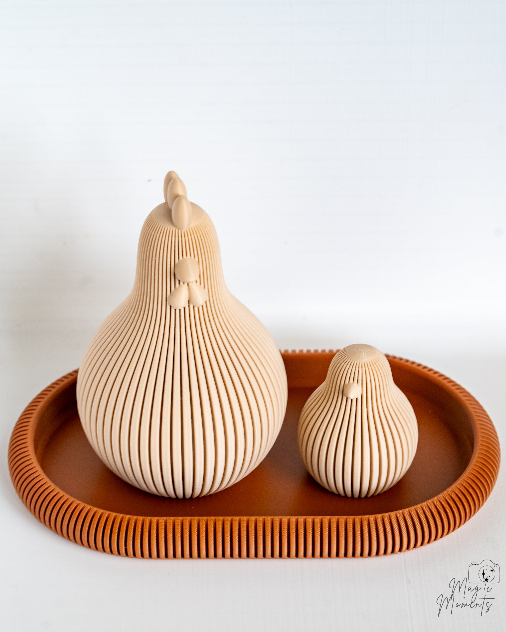 Beige chicken decorative figures on brown tray