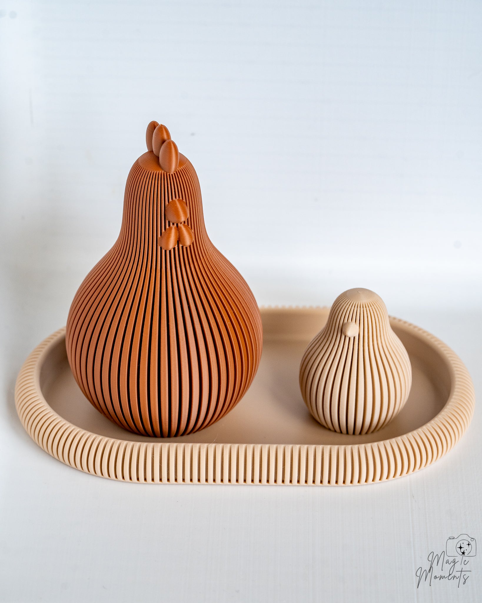Brown and beige chicken decor set on beige tray