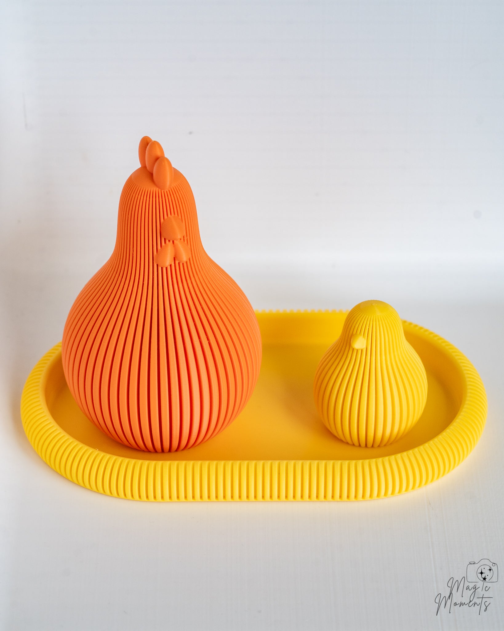 Orange and yellow chicken decor set on yellow tray
