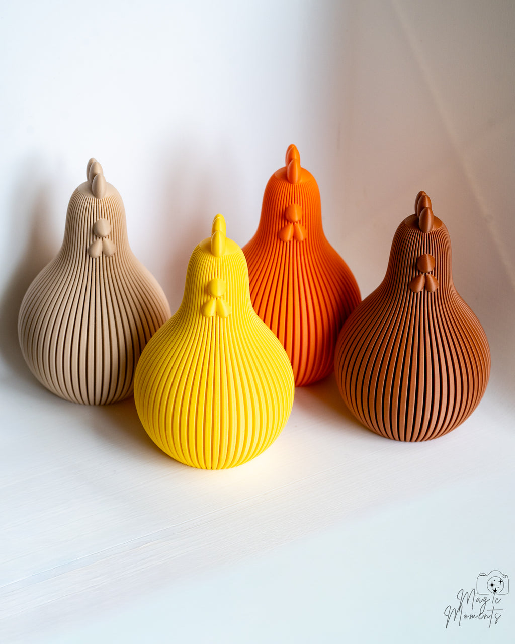 Modern ribbed chicken decor figures in multiple colours