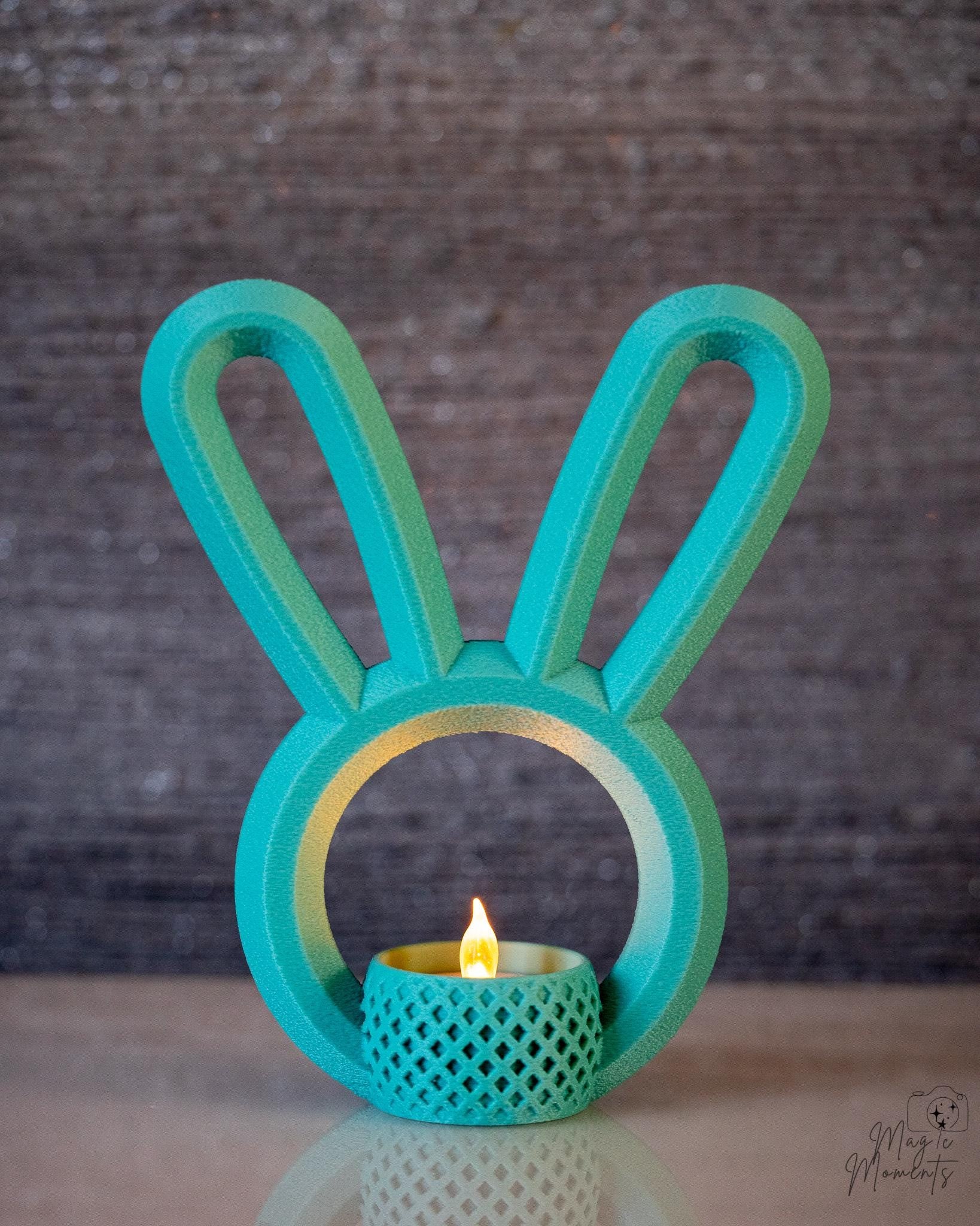 Turquoise bunny ear candle holder with textured tealight base
