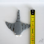 Articulated manta ray figure next to measuring tape for scale
