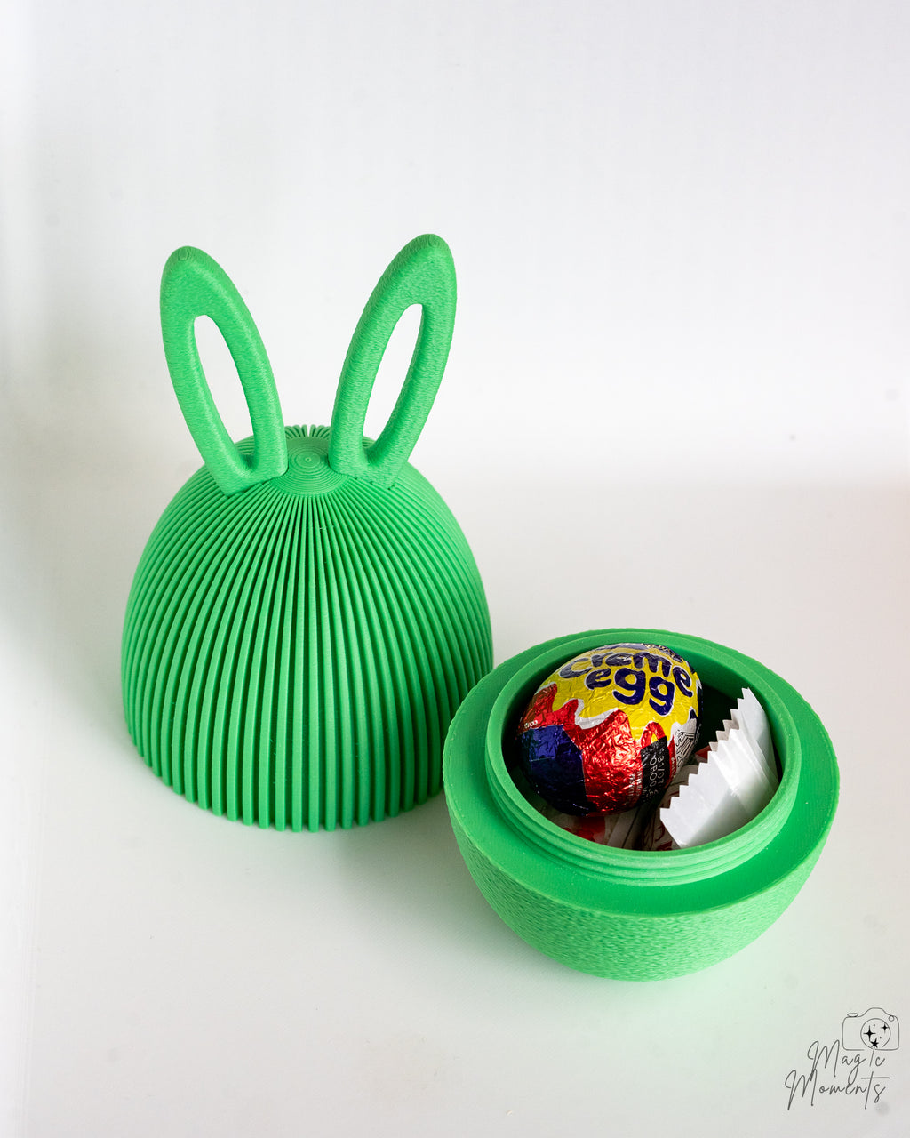 Green bunny ear Easter egg container with ribbed texture design