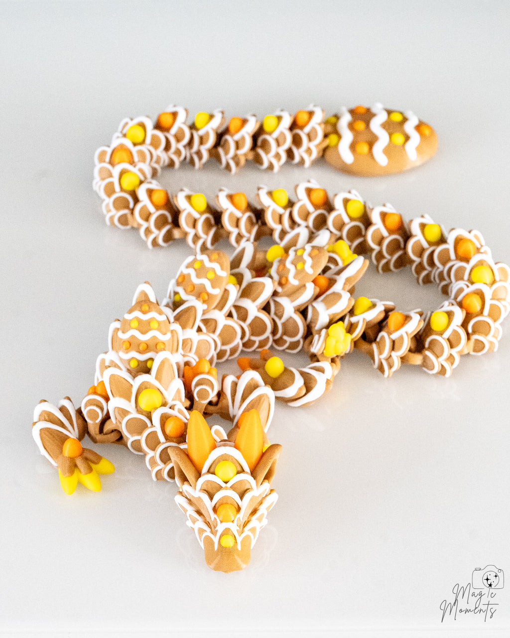Flexible gingerbread dragon decorative piece viewed from above