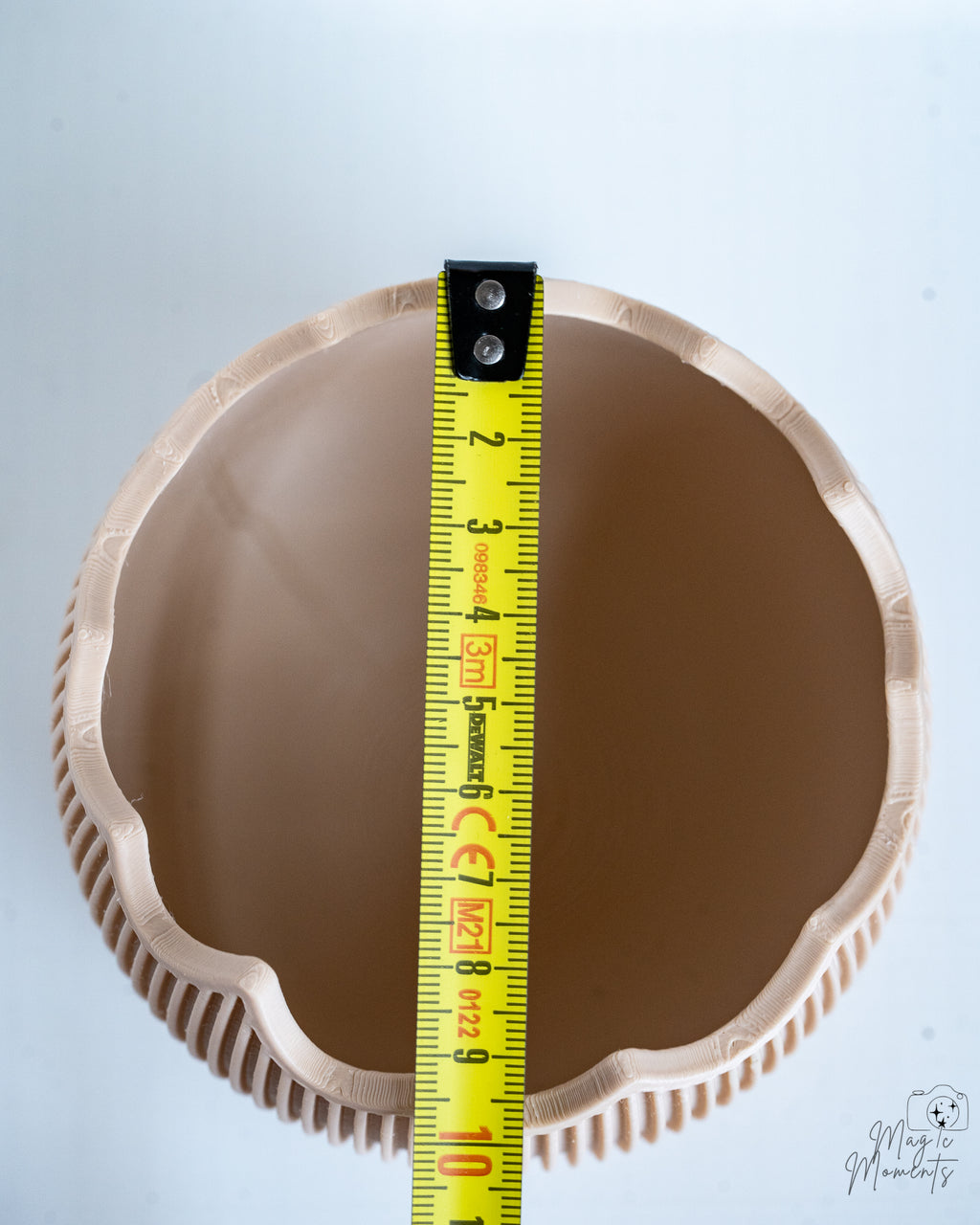 Ribbed egg container with measuring tape for scale