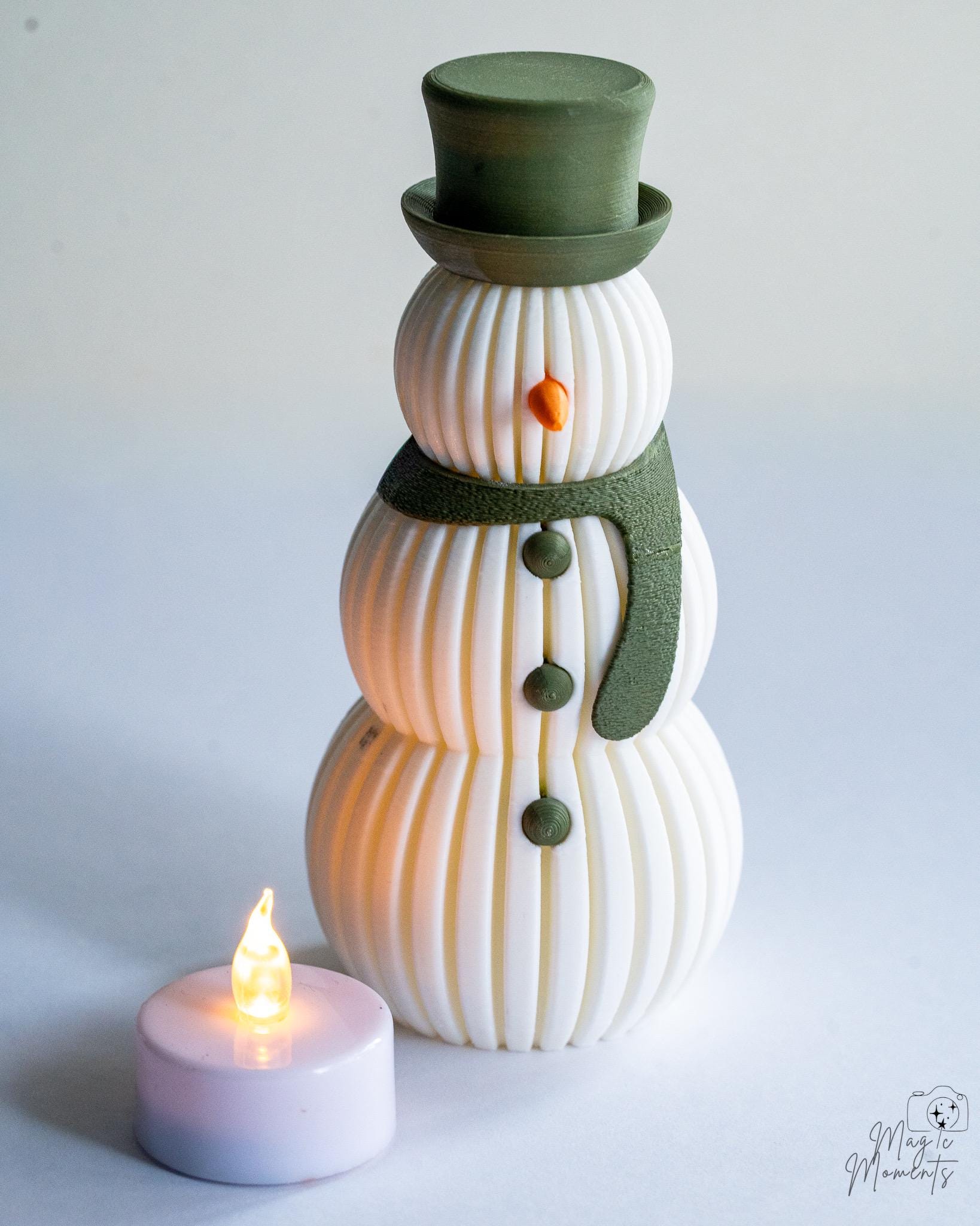 Green hat snowman figure with layered ribbed body design