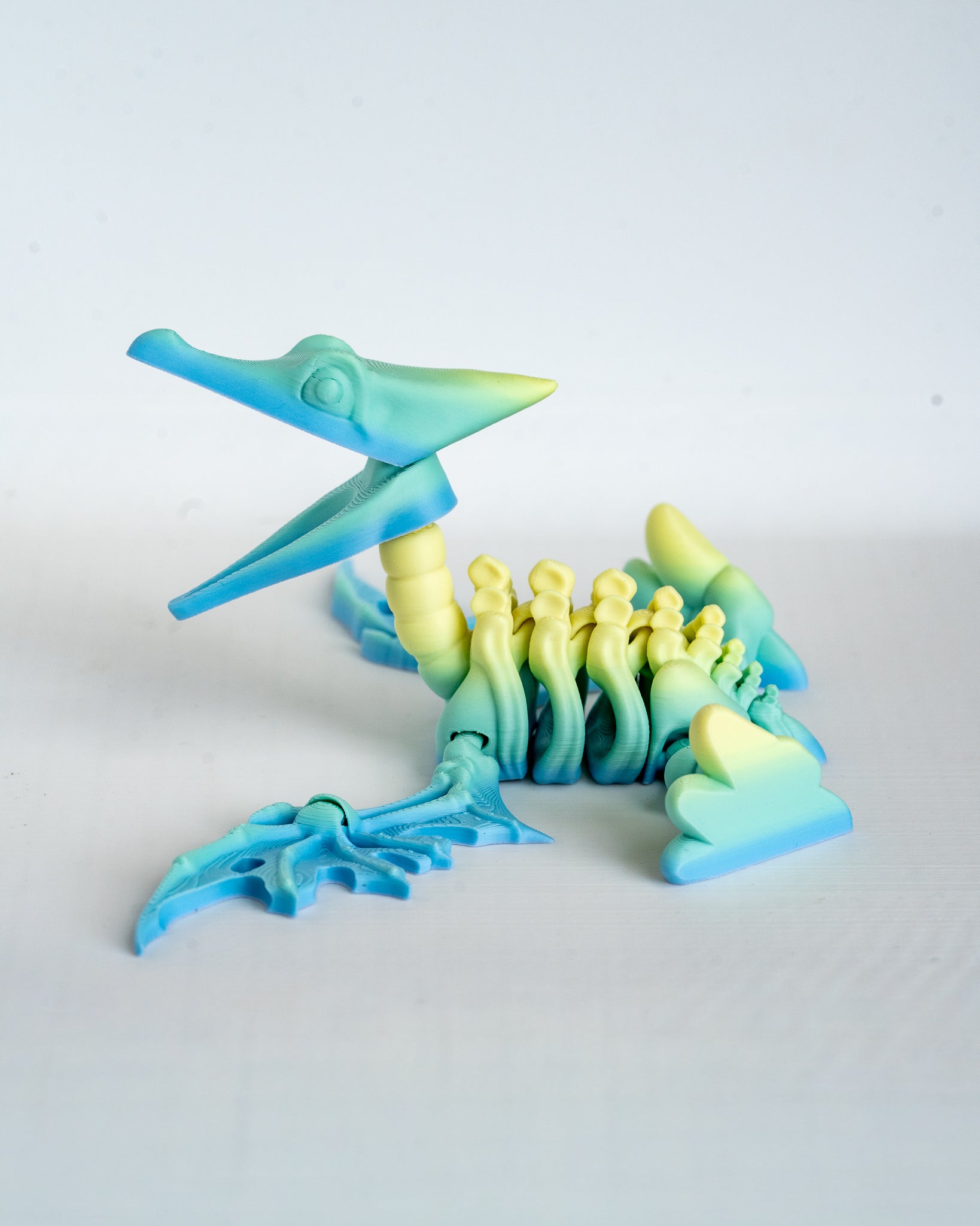 Blue pastel pterodactyl skeleton viewed from side