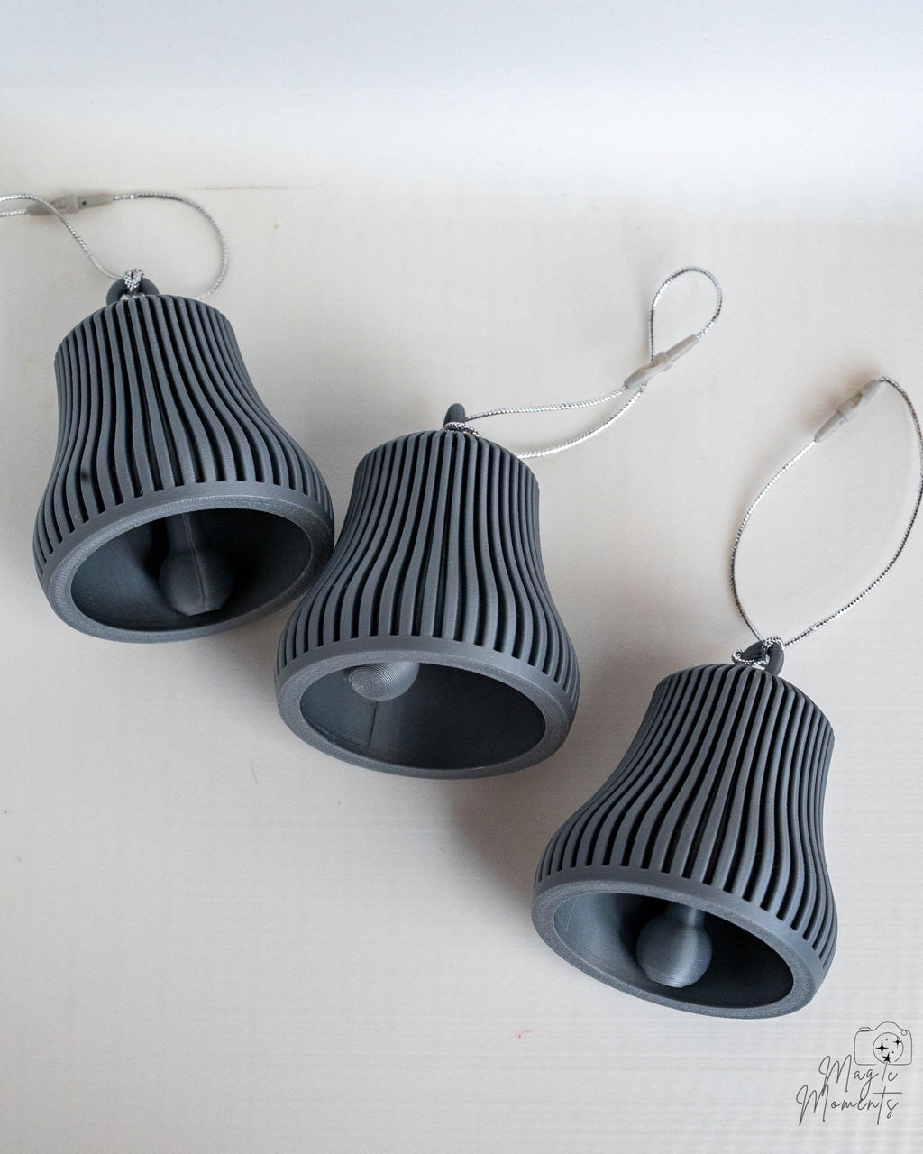 grey ribbed christmas bell ornaments set