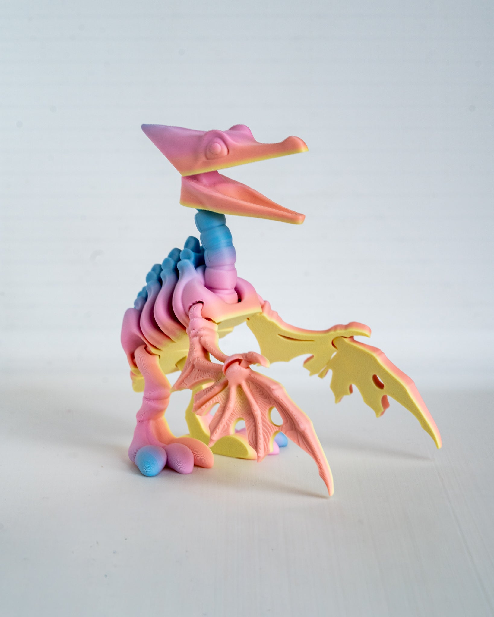 Pink pastel pterodactyl skeleton viewed from side