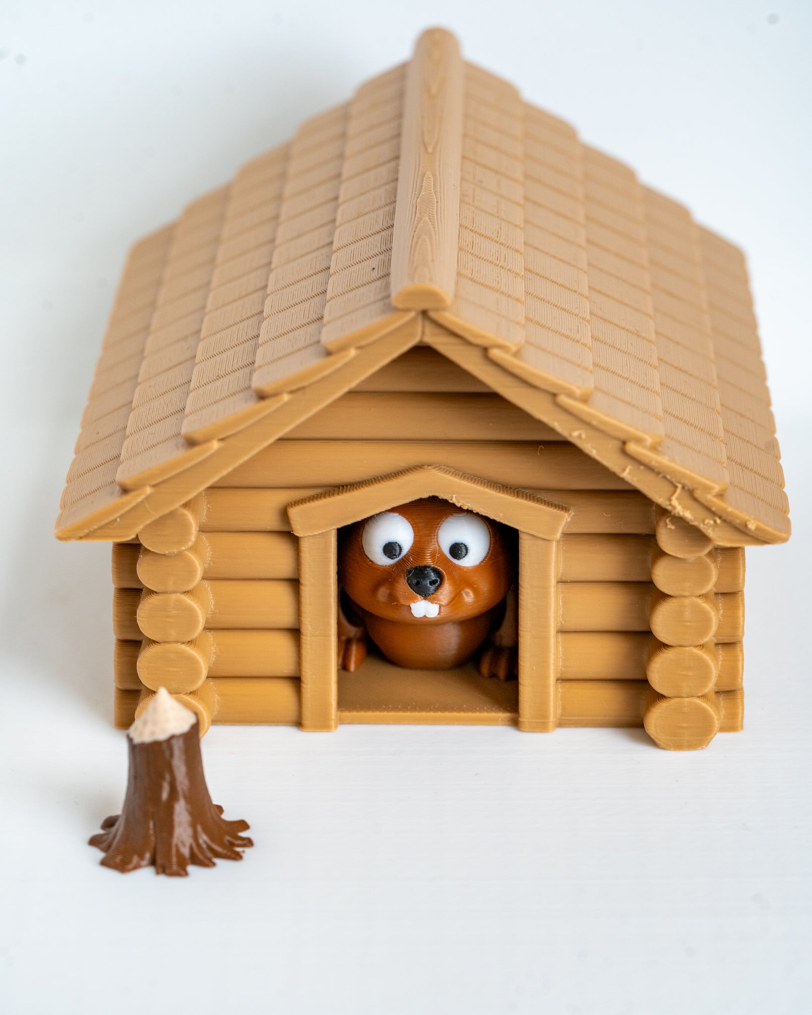 Wooden cabin container with mini beaver figurine