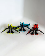 Trio of articulated neon dragons in Neon Green Sky Blue and Fire Red
