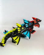 side view Trio of articulated neon dragons in Neon Green Sky Blue and Fire Red