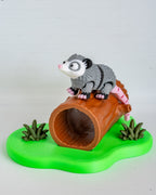 Cute possum figure inside wooden log