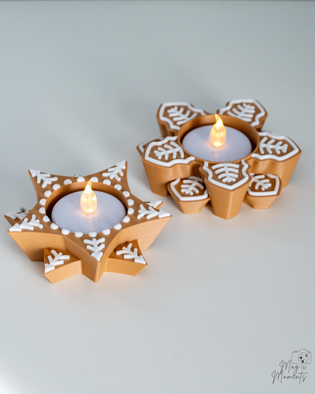 Snowflake tealight holder set with festive Christmas designs for LED candles
