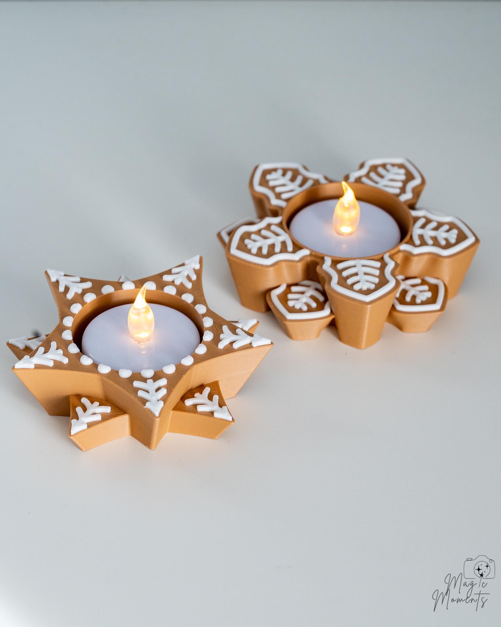 Snowflake tealight holder set with festive Christmas designs for LED candles