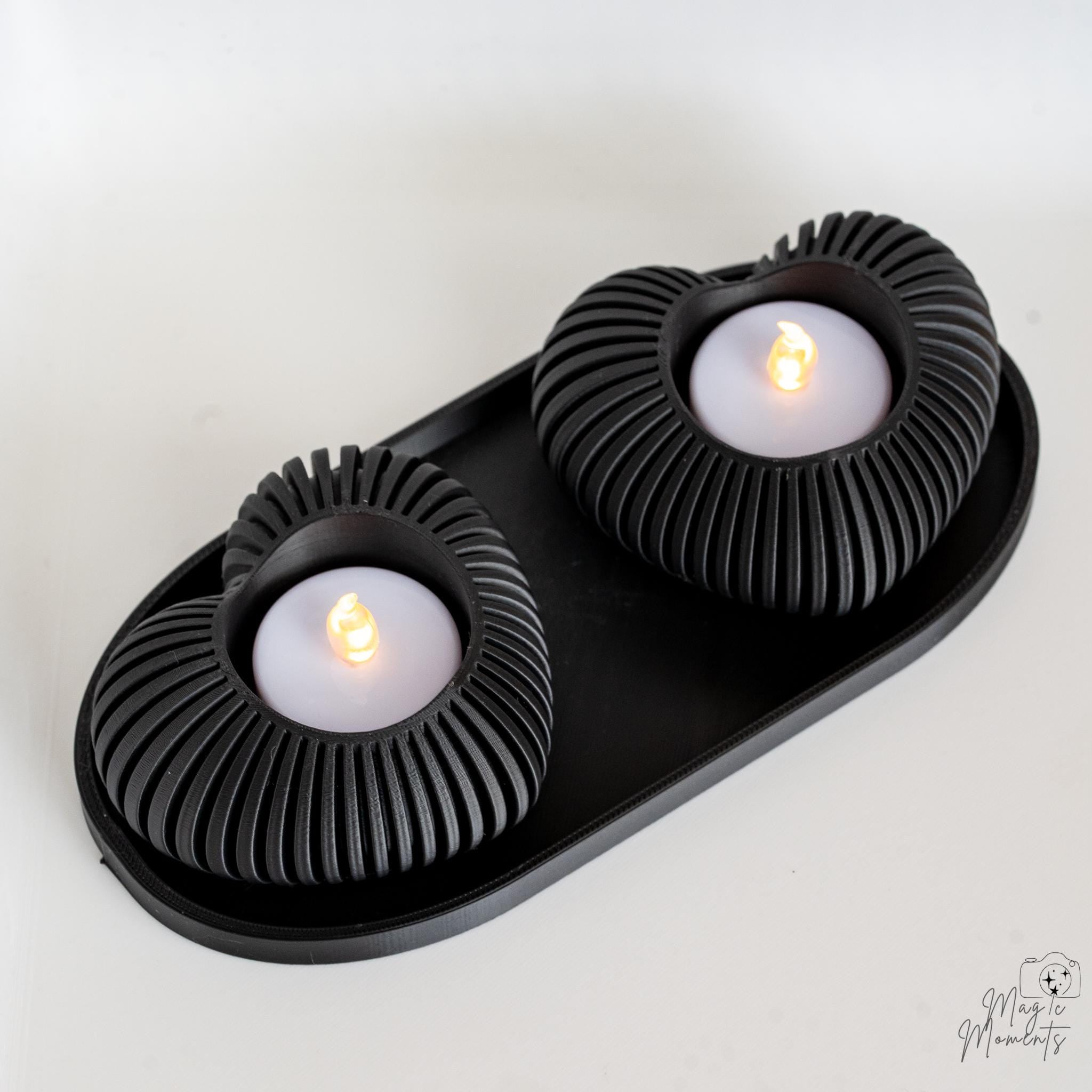 black ribbed heart candle holders