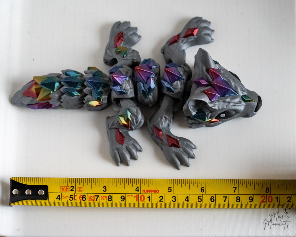 3d printed articulated crystal wolf size reference flexible wolf with ruler