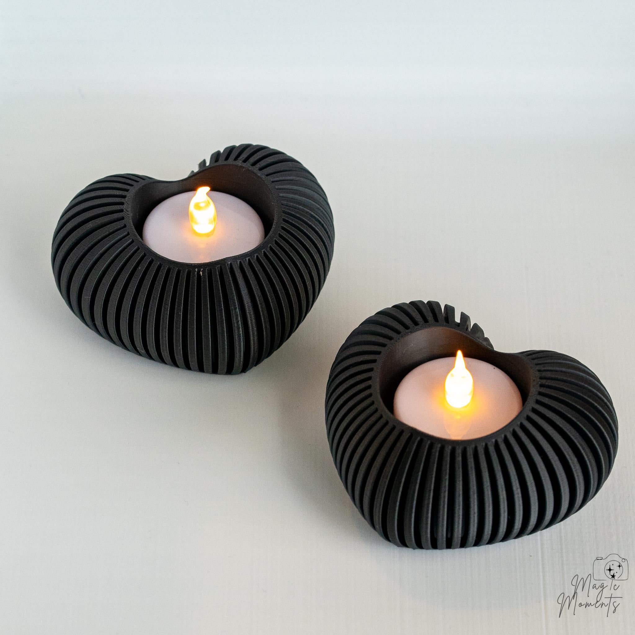 Black heart tealight holder set with glowing LED candles