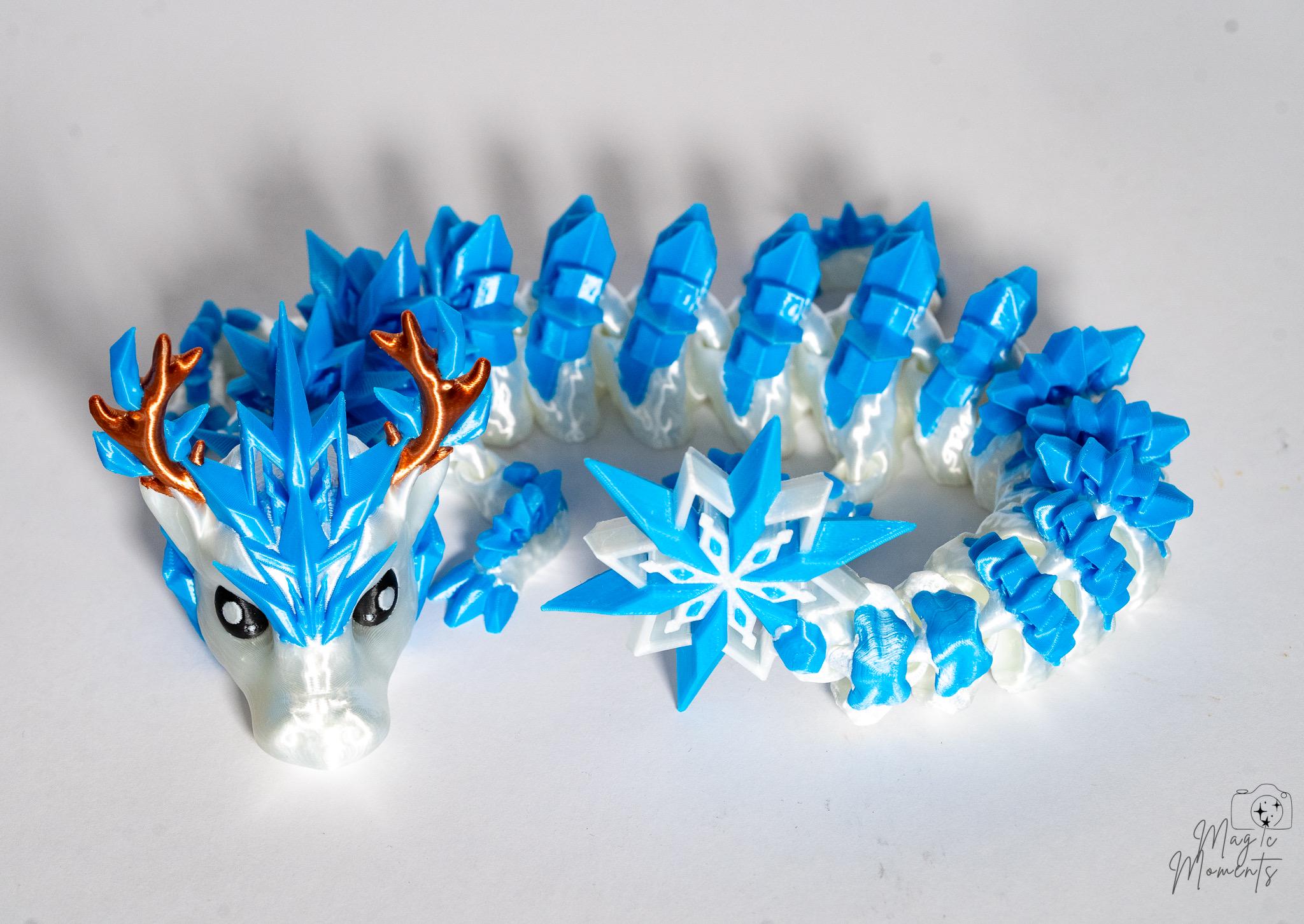 Articulated ice dragon curled into spiral pose