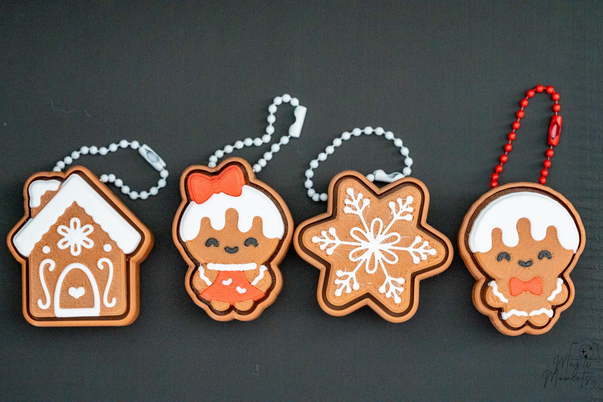 3D printed Christmas cookie decoration set with gingerbread house and snowflake designs