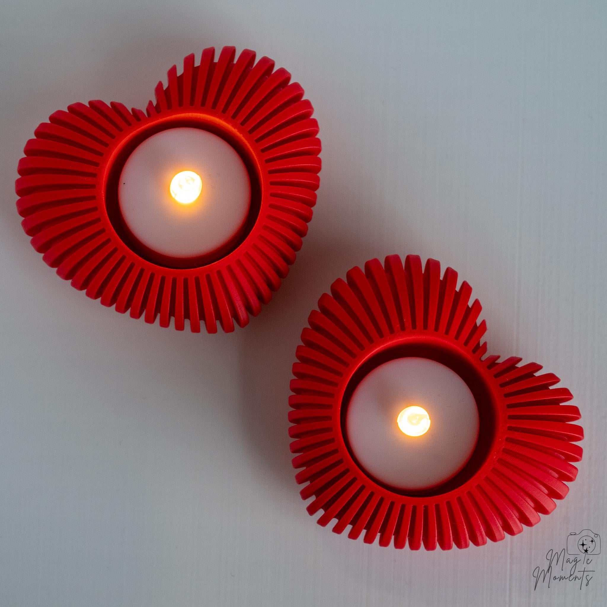 Red heart tealight holder pair with warm LED candle glow