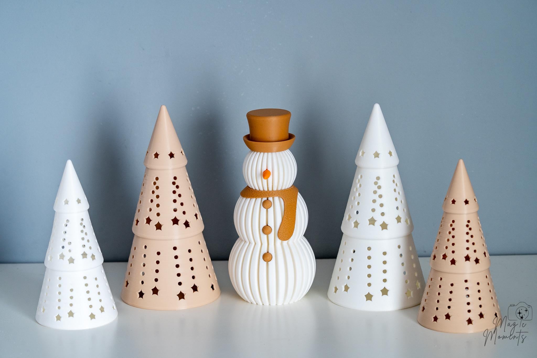 Beige Christmas decoration set with snowman and trees
