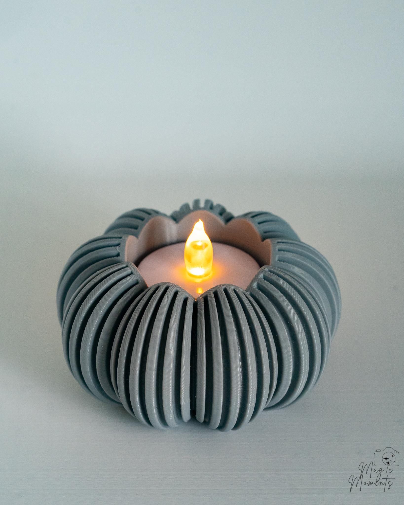Grey ribbed pumpkin tealight holder decorative piece